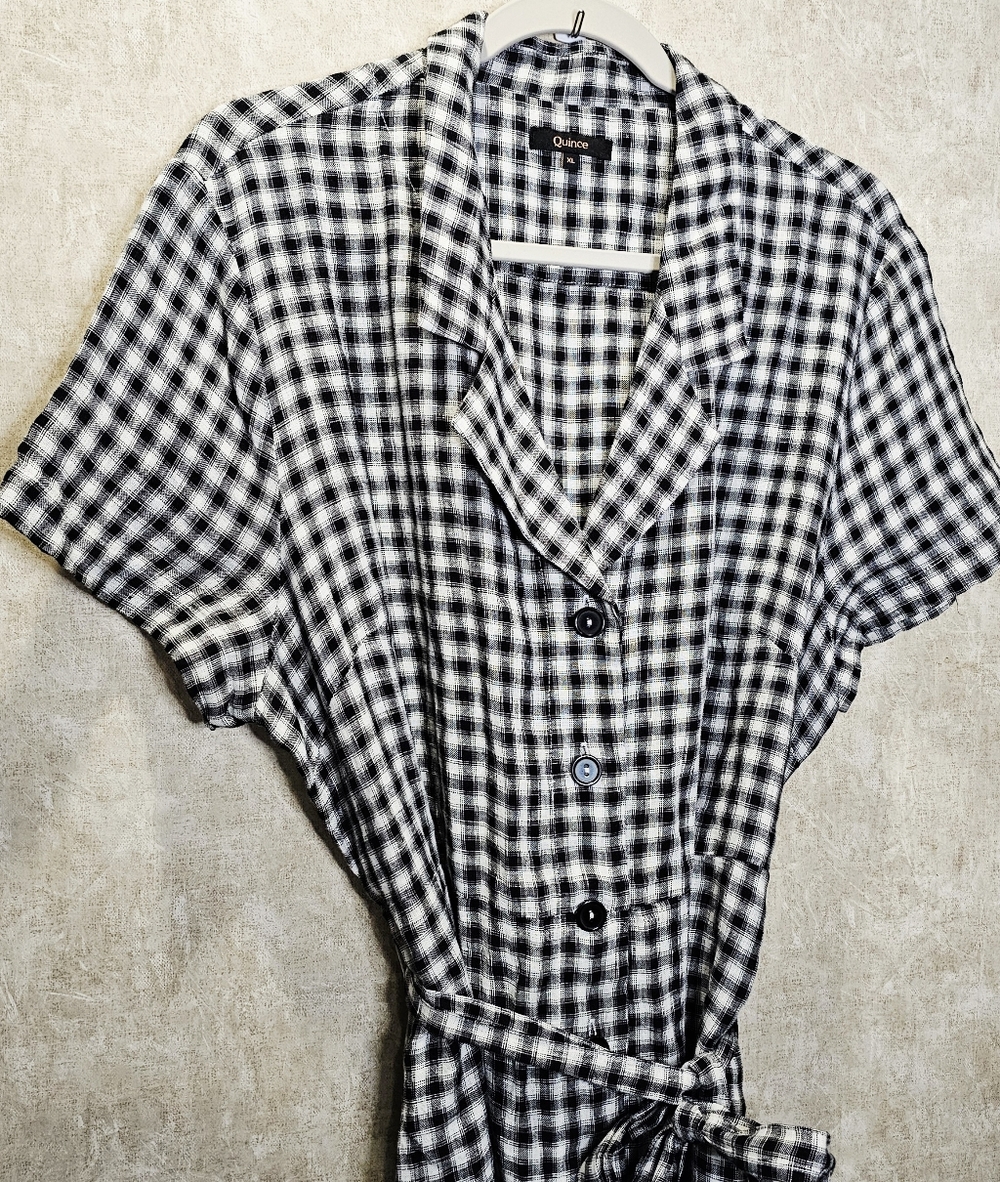 Quince European Linen Gingham Khaki & Black Midi Dress - Picture 3 of 9